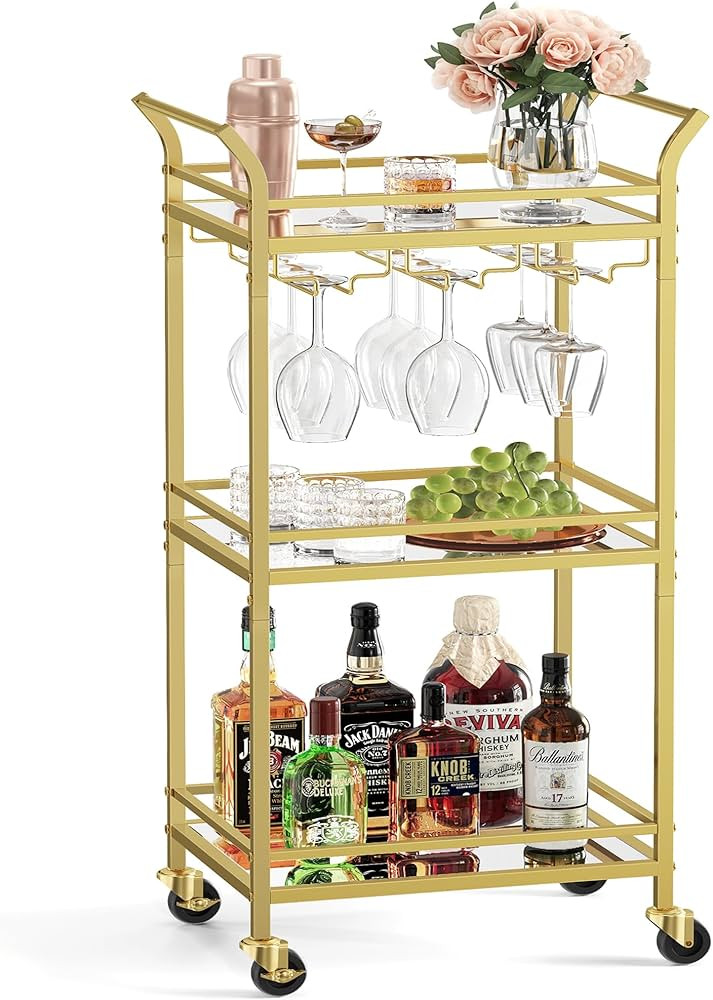VASAGLE Bar Cart Gold, Home Bar Serving Cart, Small Bar Cart with 3-Tier Mirrored Shelf, Wine Hol... | Amazon (US)