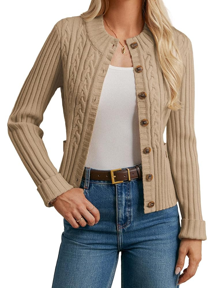 GRACE KARIN Women Cable Knit Cardigan Sweaters Cropped Crewneck Long Sleeve Sweater Jacket Button... | Amazon (US)