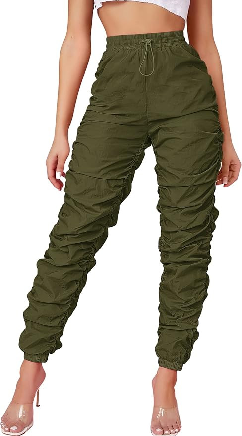 WDIRARA Women's Drawstring Waist Ruched Jogger Sweatpants Windbreaker Pants | Amazon (US)