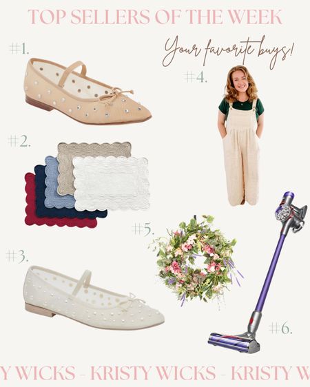 Top sellers of the week! 🎀🔗🤍 So many of you love the Mary Jane mesh embellished crystal flats for Spring. ✨ Comes in 5 color options & the price is right! 👏🏻 My quilted placemats are on sale right now, set of 4 is under $50. You can throw them in the wash and the come out looking brand new every time. 🤩 Pearl mesh flats in the Mary Jane style are also popular.. adorable for those spring and summer events. 🎉 Emma’s oversized free people overalls stole the show, so comfortable and chic! She is wearing a size L. 🤍 Most adorable spring wreath is on sale over 25% off, great price point. 🌺 Our Dyson vacuum is also on sale for 25% off 👌🏻. All linked below  

#LTKhome #LTKfindsunder100 #LTKsalealert
