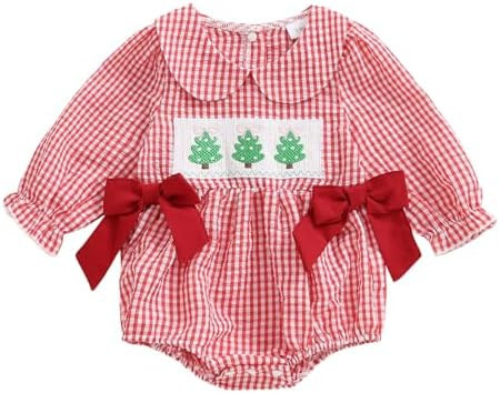 Christmas Baby Girl Clothes Smocked Romper Gingerbread Man Long Sleeve Plaid Jumpsuits Bow Headba... | Amazon (US)