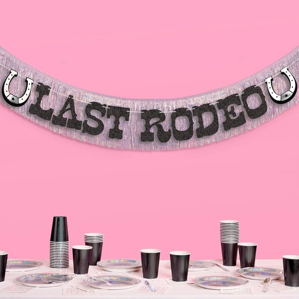 xo, Fetti Last Rodeo Fringe Banner - Black Glitter & Silver Iridescent Fringe, 5.5 Ft. | Western ... | Amazon (US)