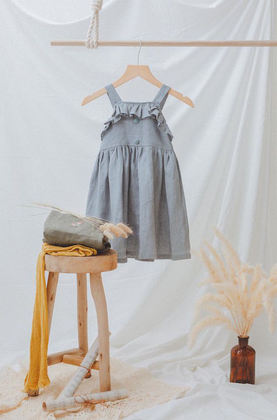 Dusty blue flower girl linen dress, Cute toddler ruffle dress for baby girls, First birthday phot... | Etsy (US)