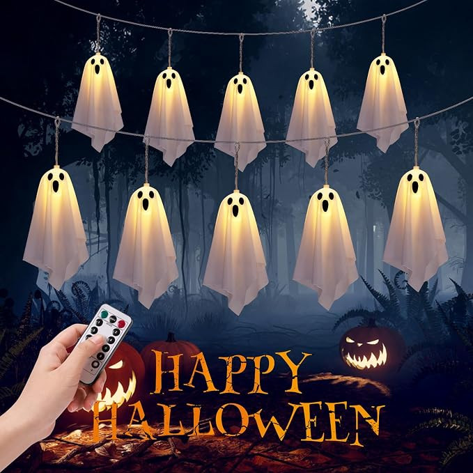 Halloween Ghost Decor, 10 Pcs Spooky Ghosts String Lights Battery Operated, 8 Lighting Mode, Ligh... | Amazon (US)