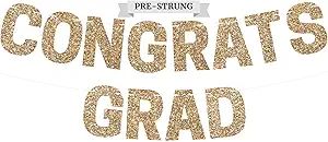 Pre-Strung Congrats Grad Banner - NO DIY - Gold Glitter Graduation Party Banner - Pre-Strung Garl... | Amazon (US)