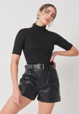 Blusa AMARO Manga Curta Malha Canelada Gola Alta Preto | Dafiti (BR)