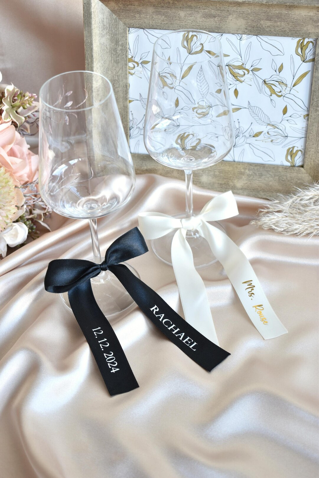 Personalized Wine Glass Stick on Bow, Vinyl Text, Custom Wedding Champagne Glass Bow, Satin Bow N... | Etsy (US)