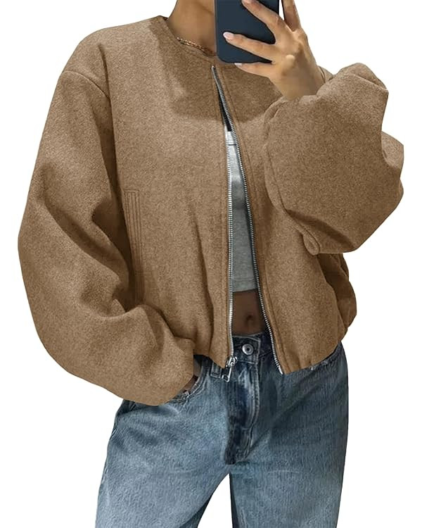 Tankaneo Womens Cropped Bomber Jackets Trendy Casual Collarless Pea Coat Zip Up Fall Short Jacket | Amazon (US)