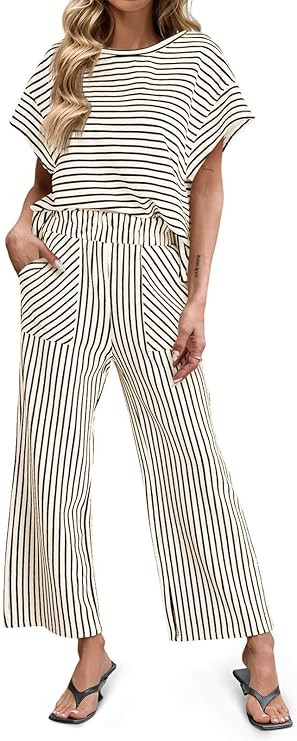 Tankaneo Womens Striped 2 Piece Sets Short Sleeve T Shirts Wide Leg Pants Matching Lounge Set wit... | Amazon (US)