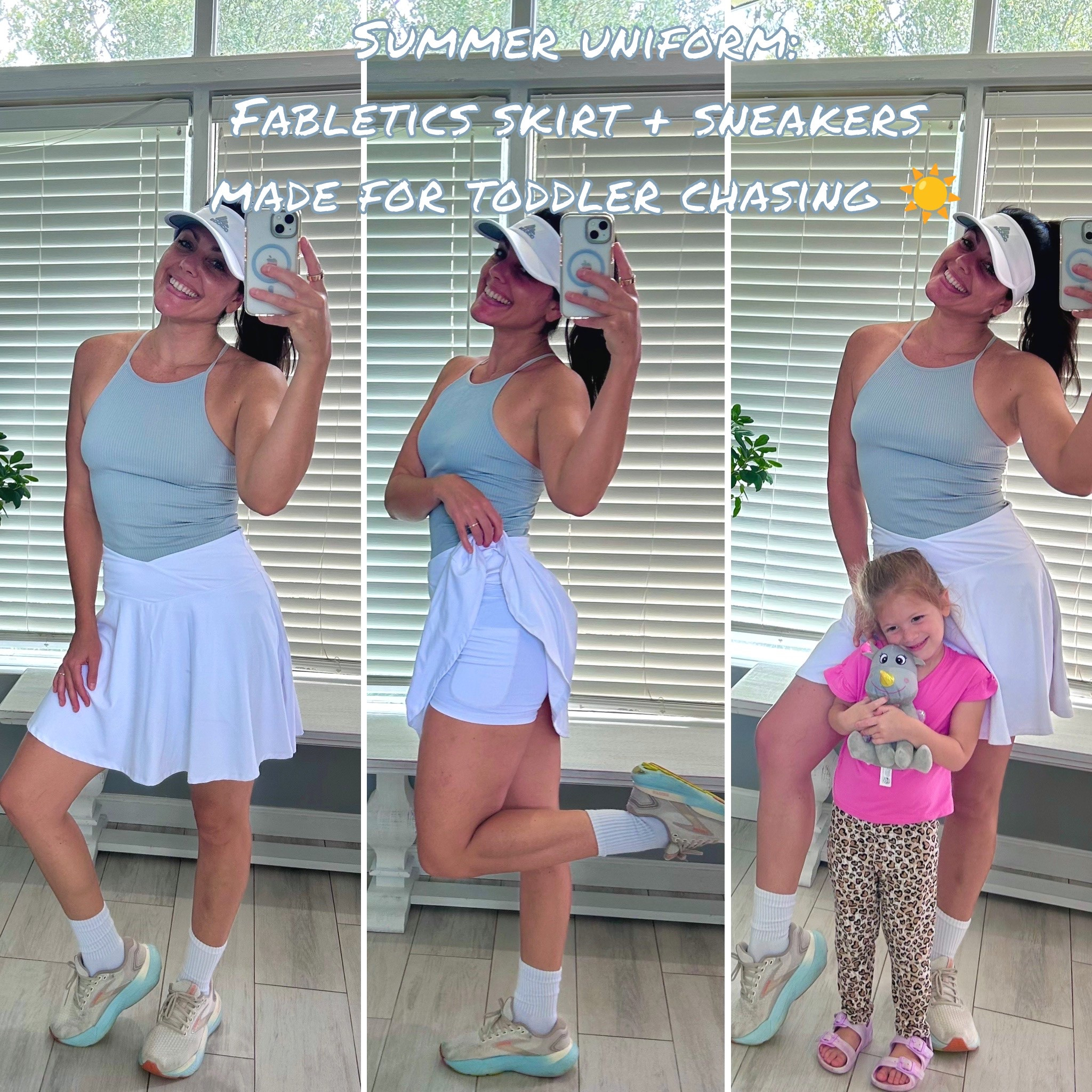 Summer uniform ☀️ Fabletics skirt + my go-to sneaks = cute and ready for toddler sprints. 🏃‍♀️💕 Linking my favorite activewear for busy moms who want to keep up with their littles and still feel put-together. My current rotation: Brooks + New Balance for all-day comfort. I wear a medium in all things Fabletics. 

#LTKActive #LTKShoeCrush #LTKFindsUnder50