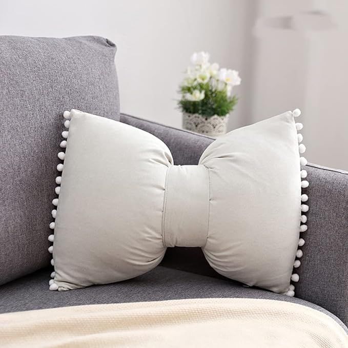 Bow Decorative Throw Pillow Covers with Pom Poms Cushion Case Lumbar Washable Velvet Pillow Cases... | Amazon (US)