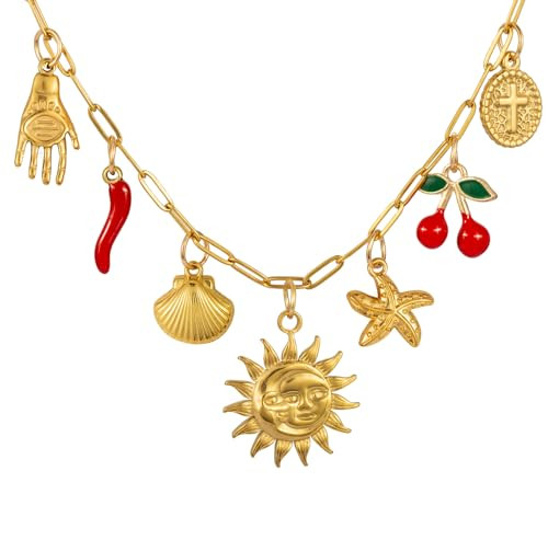 HOLINSE Charm Necklace For Women, 14K Gold Sun and Moon Coin Cross Cherry Charm Necklace, Dainty Summer Beach Shell Starfish Paperclip Link Chain Necklaces (Gold) | Amazon (US)