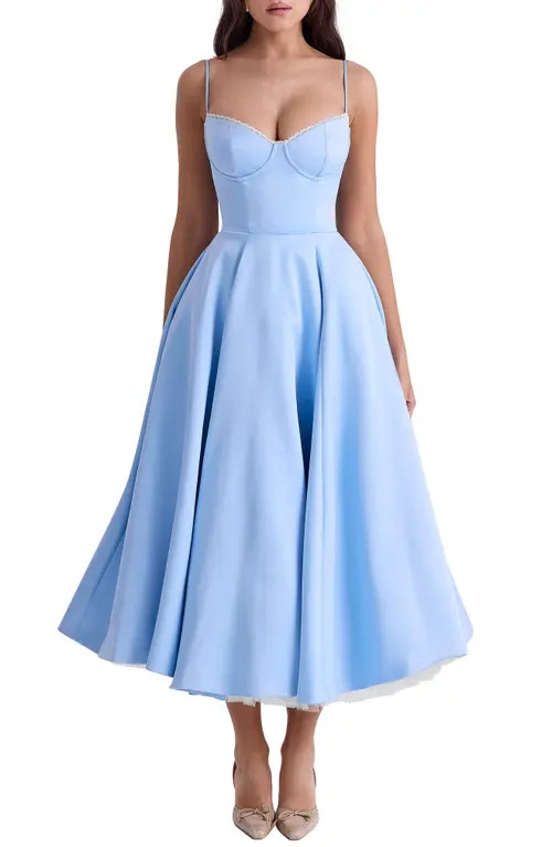 HOUSE OF CB Mademoiselle Bustier Stretch Satin Midi Dress in Cinderella Blue at Nordstrom, Size S... | Nordstrom