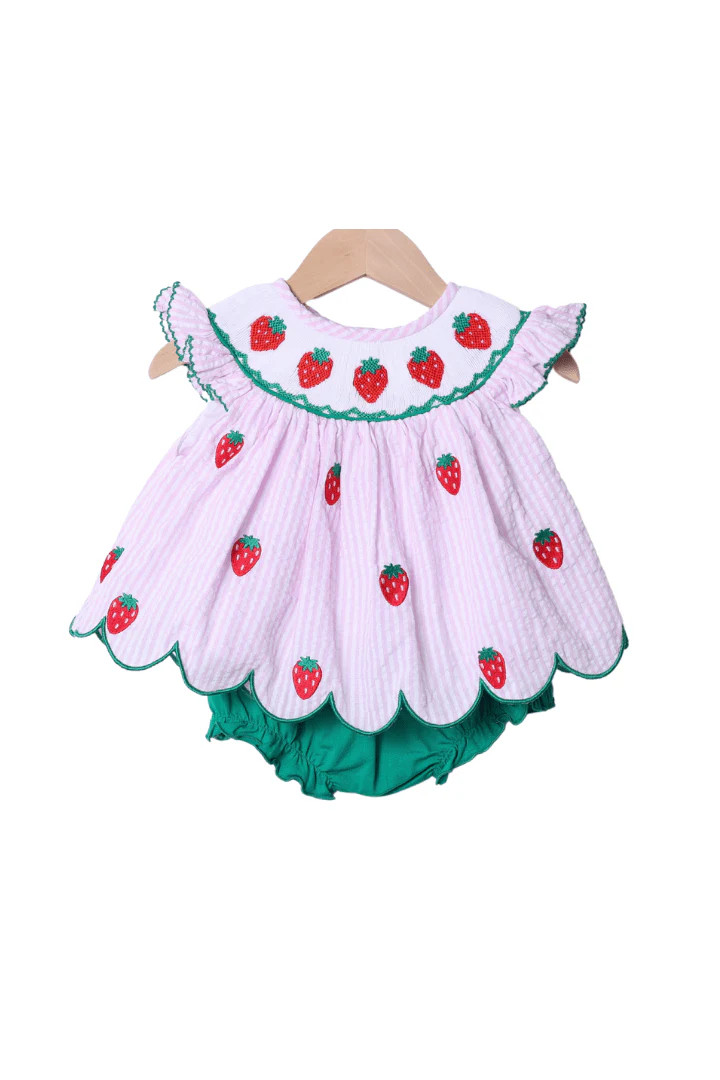 Smocked Strawberry Pink Seersucker Bloomer Set | The Smocked Flamingo