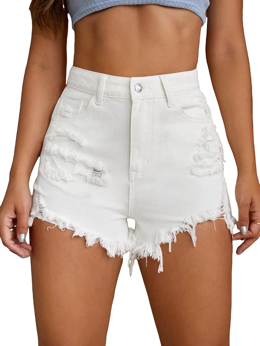 Floerns Women's Casual Raw Hem Distressed High Waist Denim Jeans Shorts | Amazon (US)