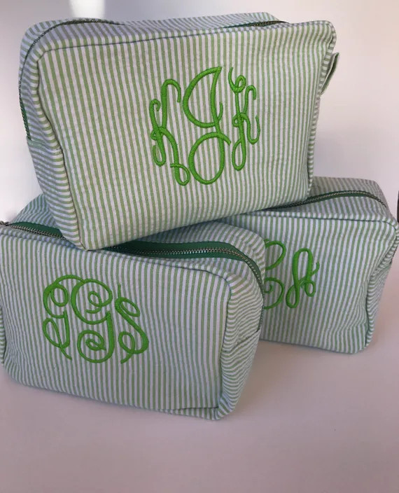 Monogrammed Seersucker Cosmetic Bag / Seersucker / Monogrammed makeup bag / Monogrammed travel ba... | Etsy (US)