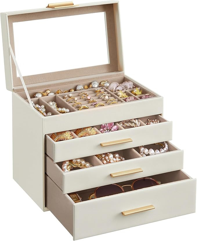 SONGMICS Jewelry Box with Glass Lid, 4-Layer Jewelry Organizer, 3 Drawers, for Sunglasses, Big Je... | Amazon (US)