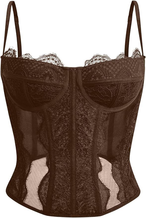 Dealmore Womens Lace Mesh Sexy Vintage Spaghetti Strap Open Back Boned Corset Going Out Party Top | Amazon (US)