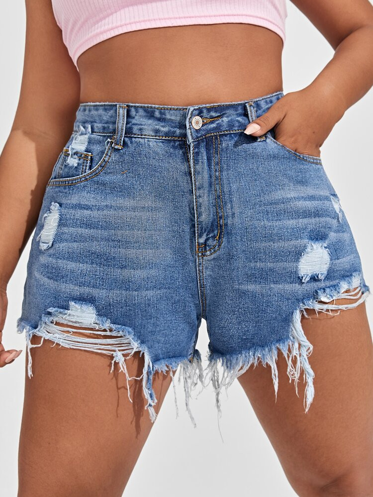 Plus Ripped Raw Hem Denim Shorts | SHEIN