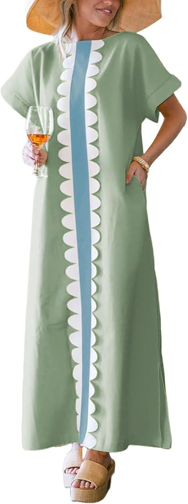Women's Color Block Maxi Dress Crewneck Side Split Casual Vacation Sundress with Pockets | Amazon (US)