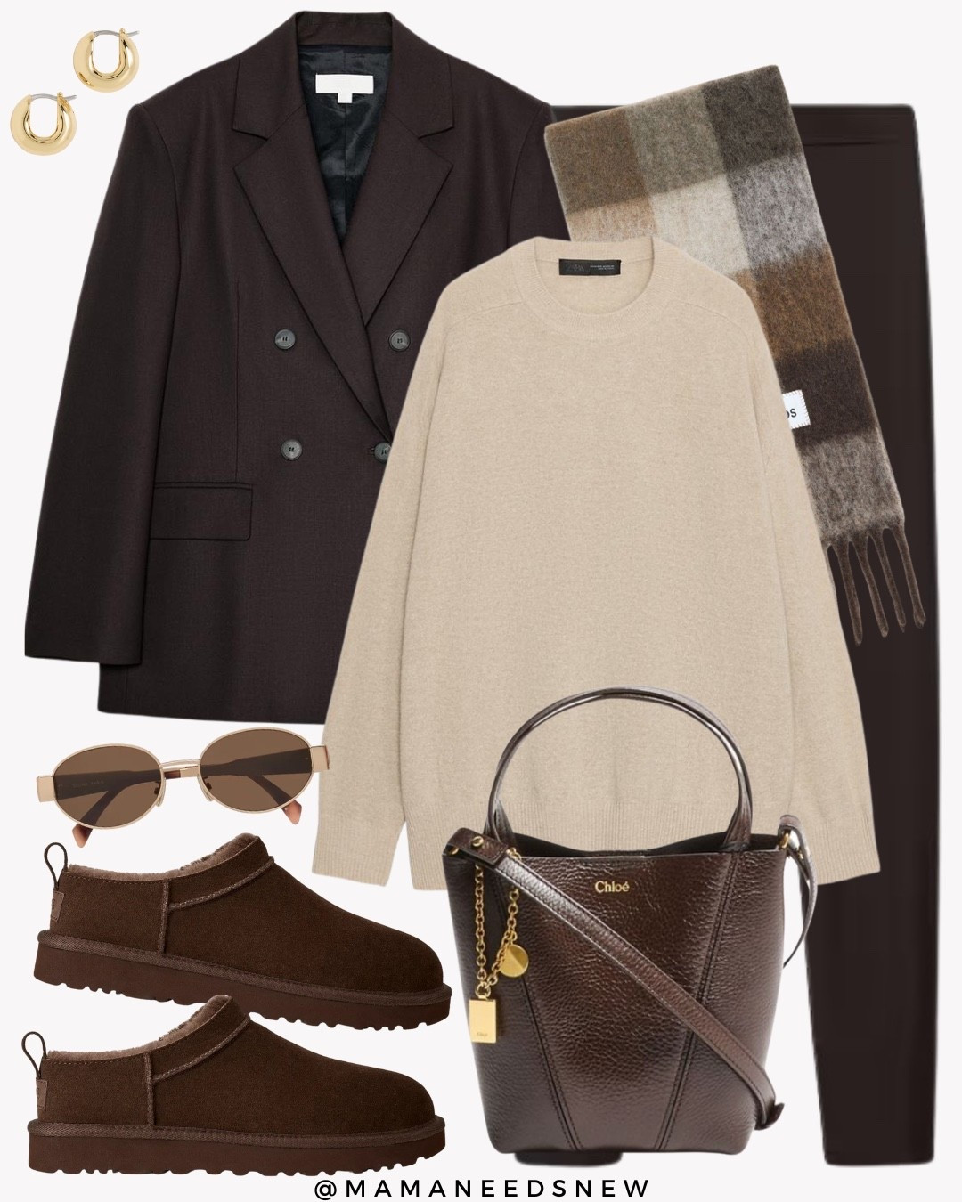 A fall outfit with a blazer, oversized wool sweater, leggings, bucket bag, scarf, micro uggs, great for a cozy Thanksgiving 🤎

#LTKStyleTip #LTKHoliday #LTKSaleAlert