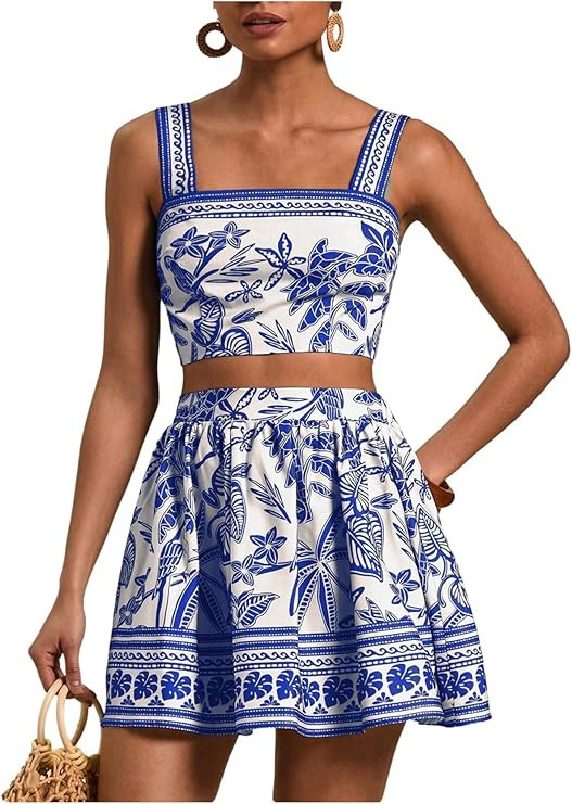 Floerns Women's Two Piece Outfit Tropical Crop Cami Top and Summer Skirts Set | Amazon (US)