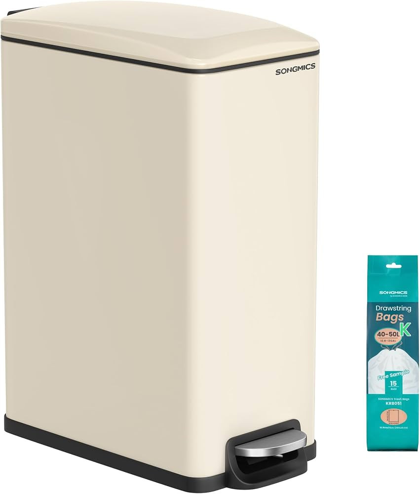 SONGMICS Kitchen Trash Can with Lid, 13-Gallon (50 L) Slim, Stainless Steel | Amazon (US)