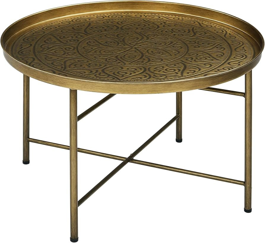 HOMCOM 24" Round Coffee Table with Hammered Tray Top, Vintage Metal Center Table for Living Room,... | Amazon (US)