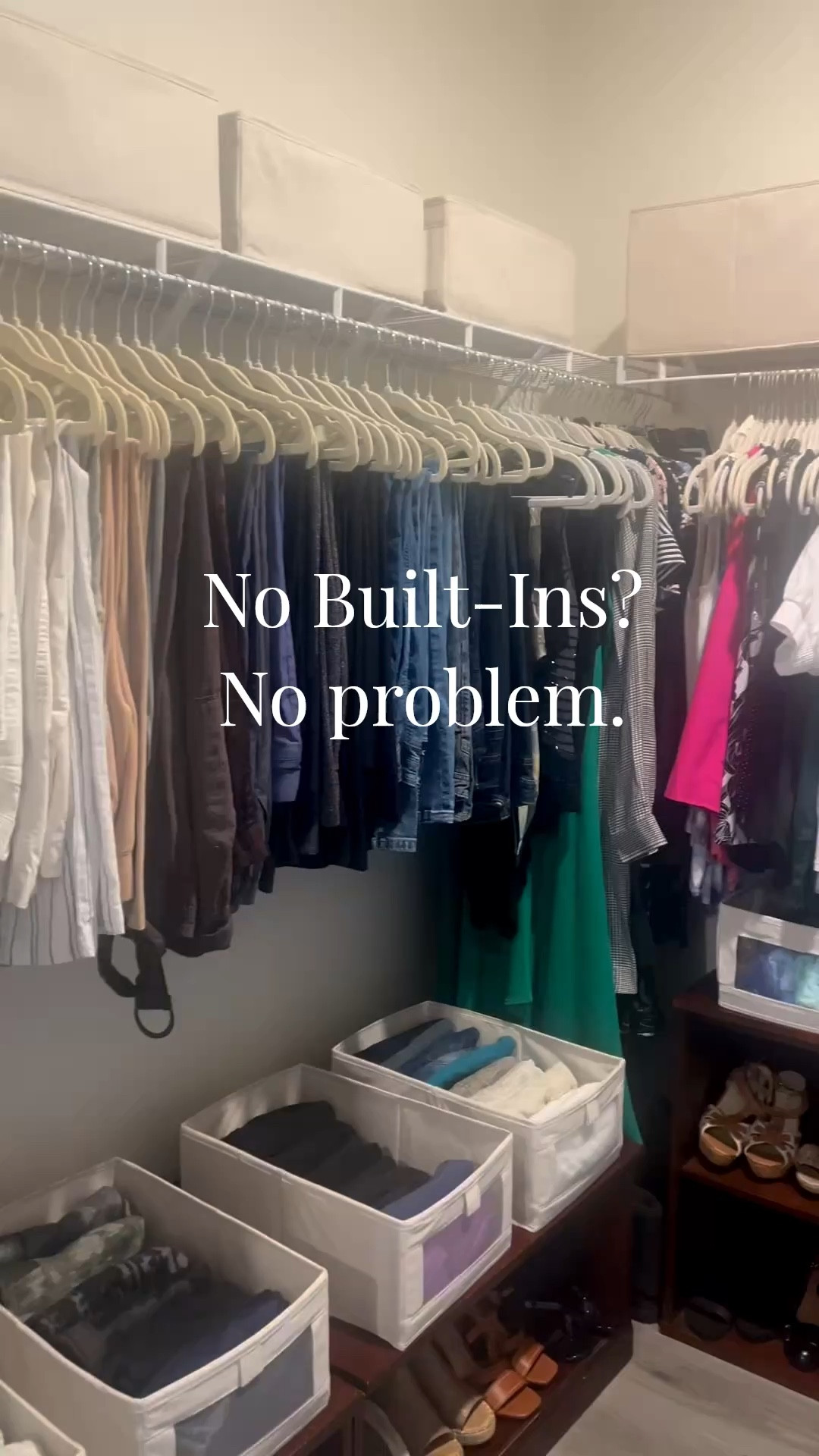 This closet has no built-ins. It’s just freestanding shelves and containers doing the heavy lifting. Even basic builder grade wire-shelf closets can be organized and functional without expensive custom systems.. Linking similar pieces below.

#LTKHome #LTKU