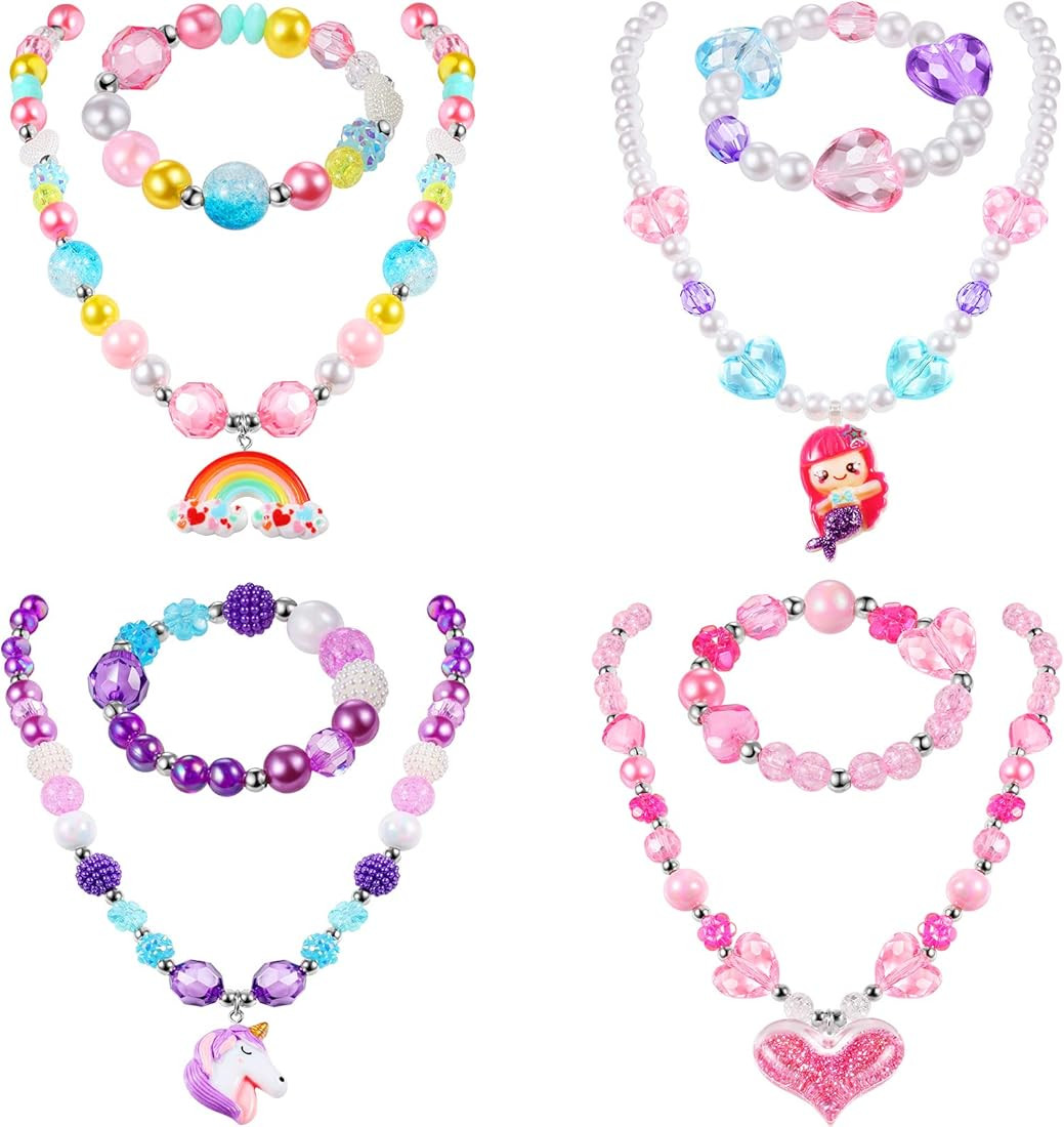 8 Pieces Girls Jewelry Toddler Jewelry Unicorn Necklace Mermaid Bracelet Rainbow Heart Princess P... | Amazon (US)