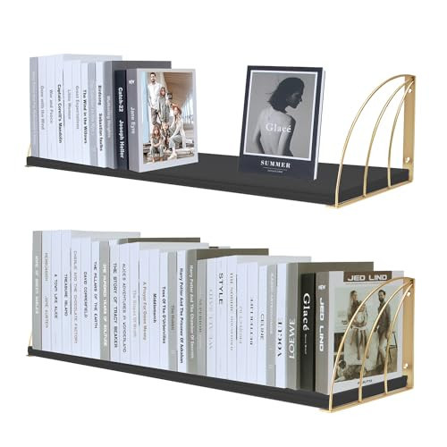 KDCMXS Black Floating Shelves Pine Wood 23.5×7.87 Inch Black Floating Bookshelf with Elegant Lines,Long Gold Shelves,Black and Gold Floating Shelves for Floating Book Shelf Set of 2. | Amazon (US)