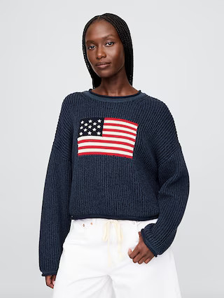 100% Cotton Cropped Oversized Americana Rib Sweater | Gap (US)