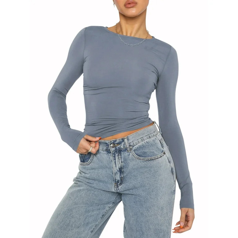 Women's Slim Fit Basic Tops, Long Sleeve Show Navel Pullover Shirt Streetwear | Walmart (US)