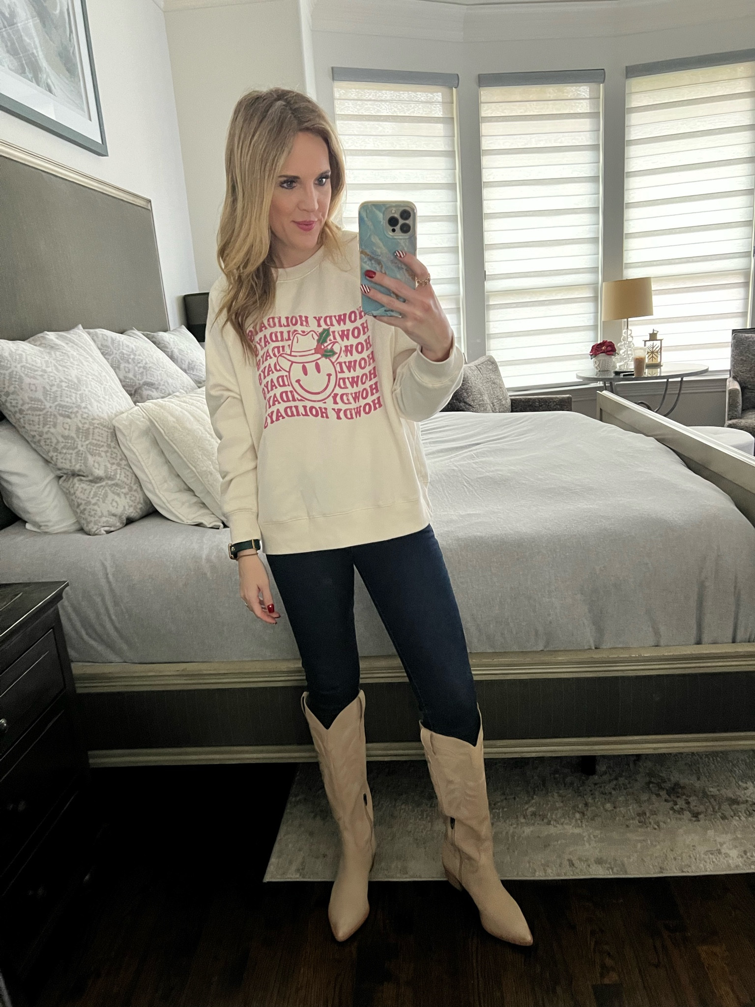 Holiday look / holiday sweatshirt : holiday graphic tee / Christmas tee / Christmas sweatshirt / howdy : western / cowboy boots / Sam Edelman / western look / western style / altard state 

#LTKHoliday #LTKshoecrush #LTKSeasonal