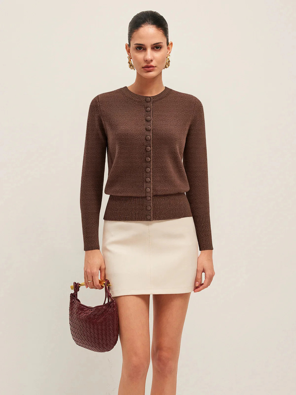 Crew Neck Button-Front Knit Cardigan | Commense