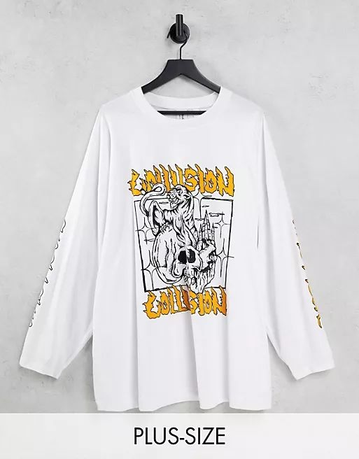 COLLUSION Plus long sleeve slub panther t-shirt in white | ASOS (Global)