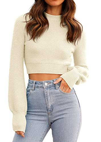 Womens Sexy Cropped Sweaters Pullover Long Sleeve Ribbed Knit Crop Jumper Top Beige | Amazon (US)