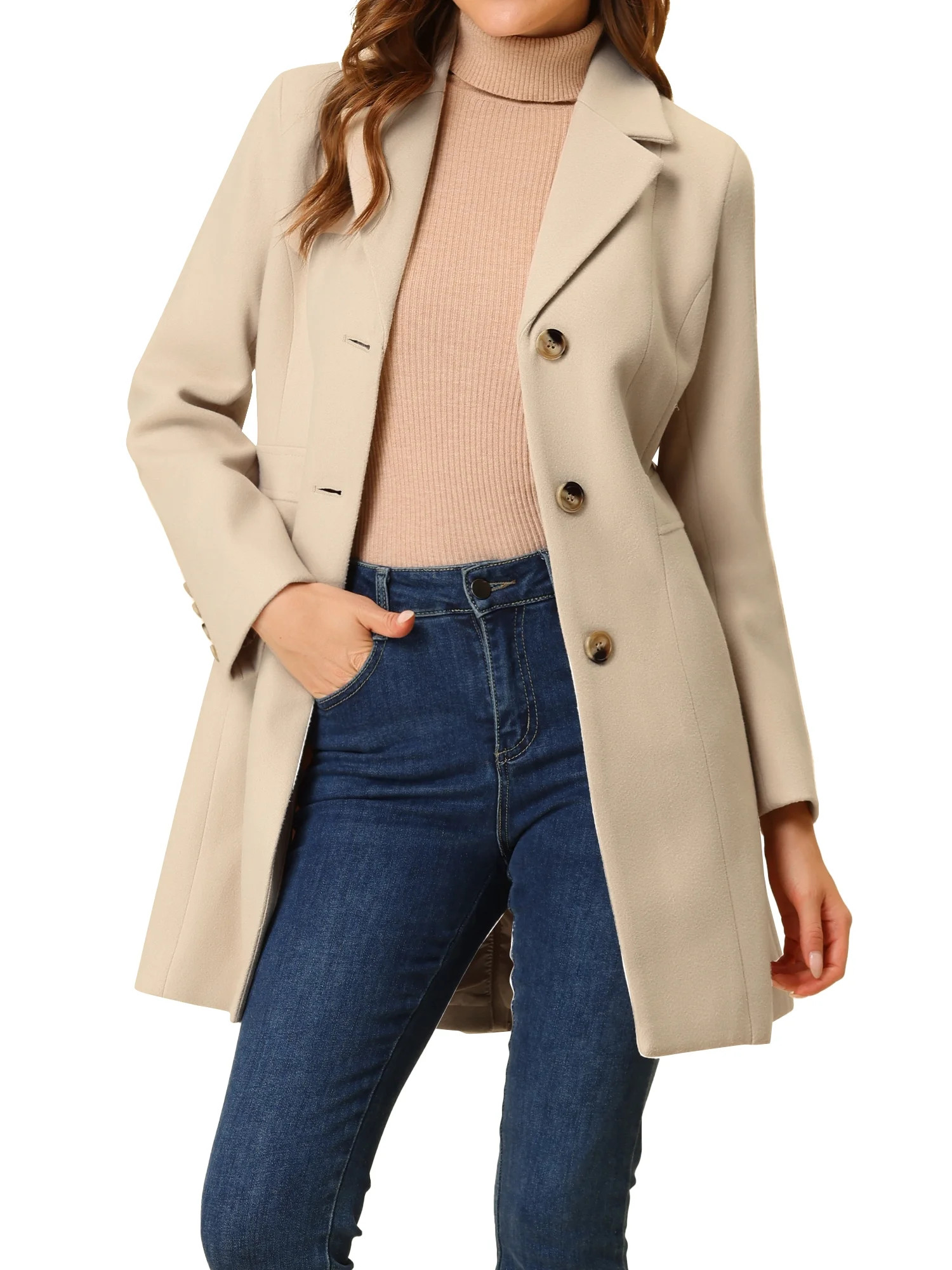 Allegra K Women's Elegant Single Breasted Notched Lapel Long Sleeve Peacoats | Walmart (US)