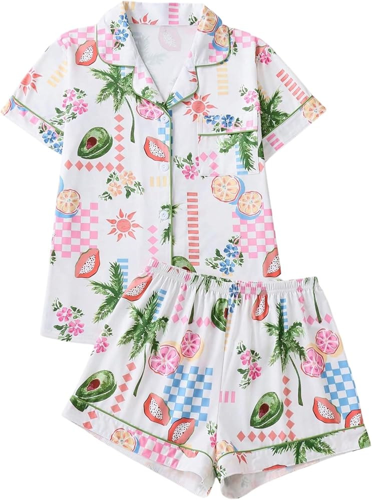 WDIRARA Women's 2 Piece Sea Turtle Graphic Pajama Set Button Down Short Sleeve Shorts Loungewear ... | Amazon (US)