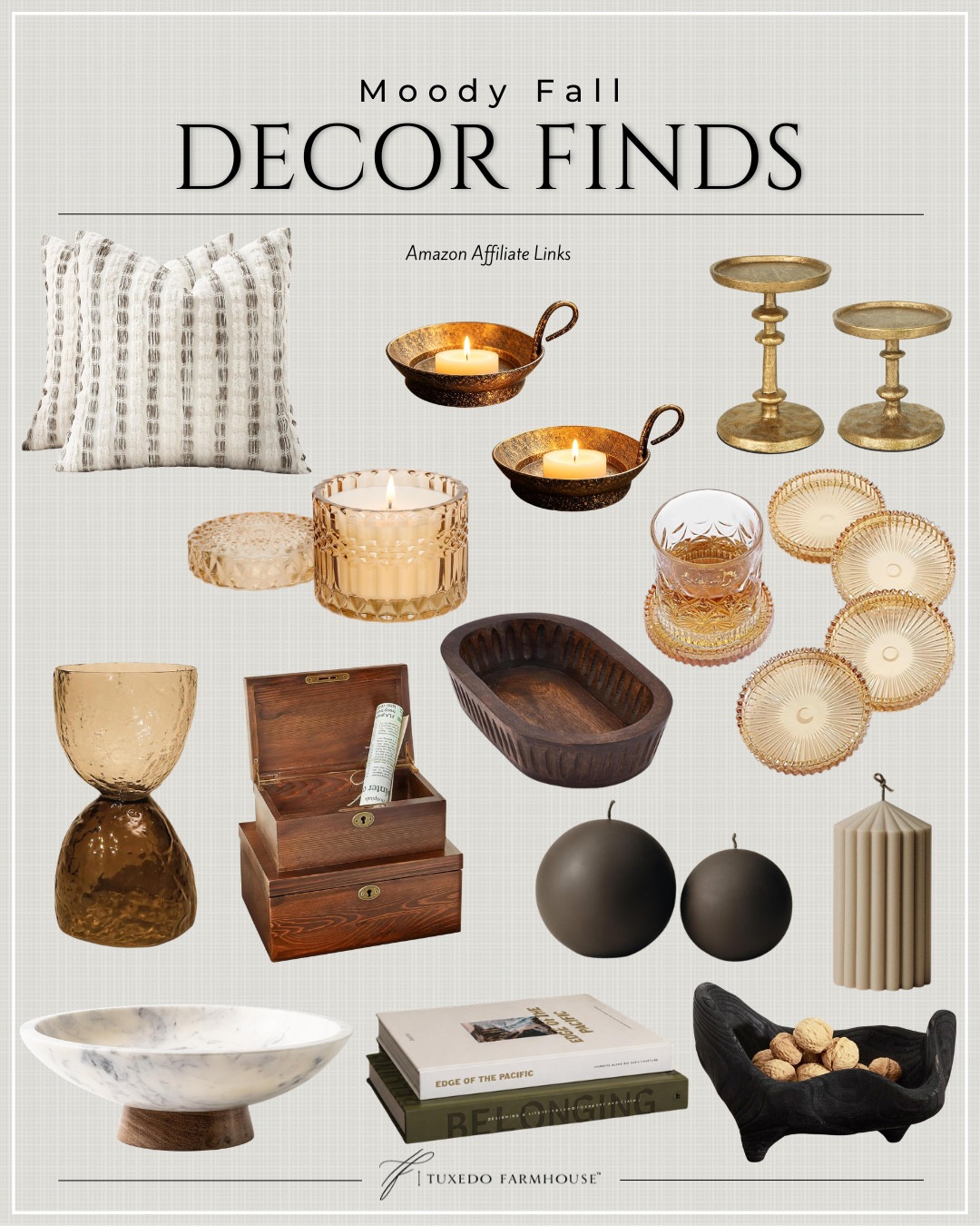Moody fall decor with all the rich, collected details I love. 🤎 Warm amber glass, aged brass, dark wood, cozy texture and candlelight make these Amazon finds so pretty for transitioning your home into fall. I especially love how easily these pieces can be mixed into your everyday decor!

#LTKHome #LTKSeasonal #LTKStyleTip #AmazonHome #FallDecor #MoodyDecor #CozyHome #AmazonFinds 

 #LTKSeasonal #LTKHome #LTKSaleAlert
