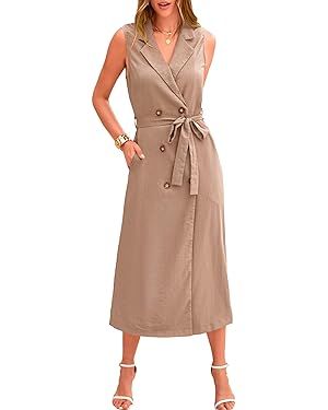 BTFBM Casual Business Dress 2024 Summer Work Office Lapel V Neck Slit Belted Sleeveless Button Do... | Amazon (US)