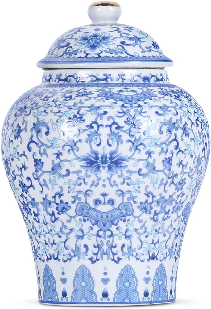 Chinese Ginger Jar with Lid Chinoiserie Antique Style,Home Decorative Retro Blue and White Porcelain Flowers Ceramic Covered Jar Vase,Traditional China Ming and Qing Style (Utmost Jar) | Amazon (US)