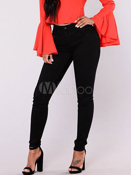Black Skinny Jeans High Waisted Women Button Denim Pants | Milanoo