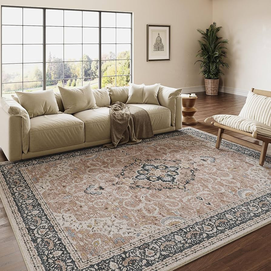 Vintage Pink Area Rug 6x9 Machine Washable Rug Kitchen Indoor Soft Distressed Carpet Large Accent... | Amazon (US)