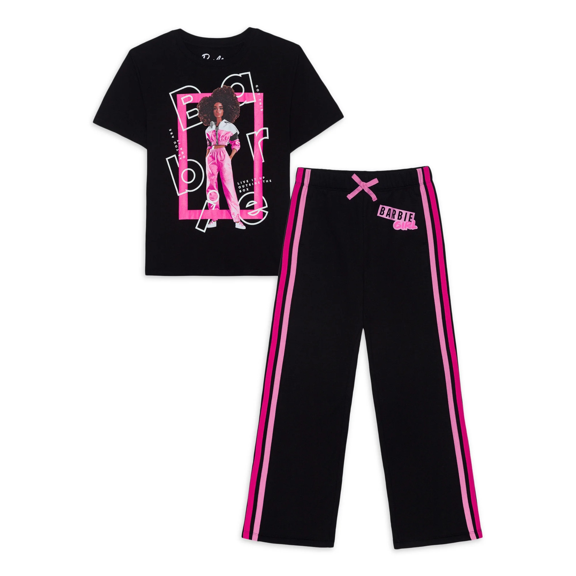 Girls Barbie Short Sleeve Graphic T-shirt & Fleece Pant 2-Piece Outfit Set, Sizes 4-18 | Walmart (US)