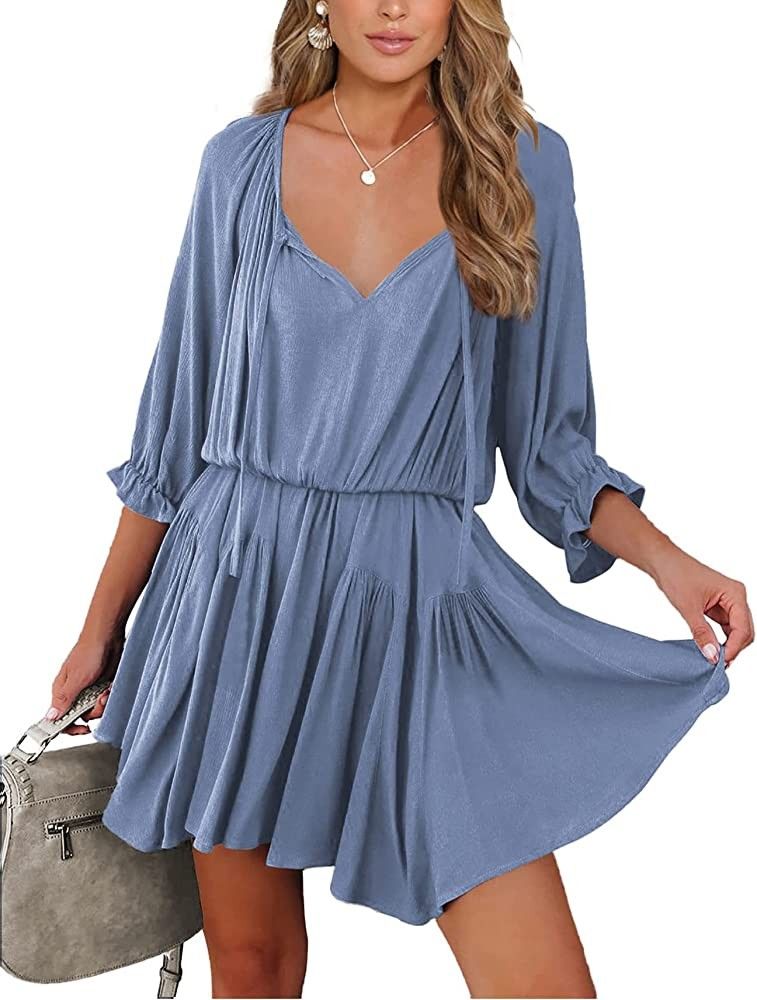 BTFBM Women Casual Summer Dresses Ruffle 3/4 Sleeve Tie V Neck High Waist Solid Soft Cute Short F... | Amazon (US)