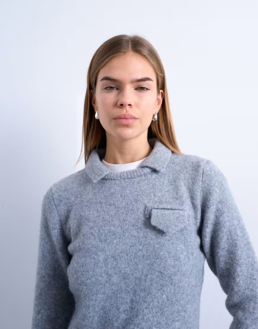 Topshop knit collared long sleeve sweater-Gray | ASOS (Global)