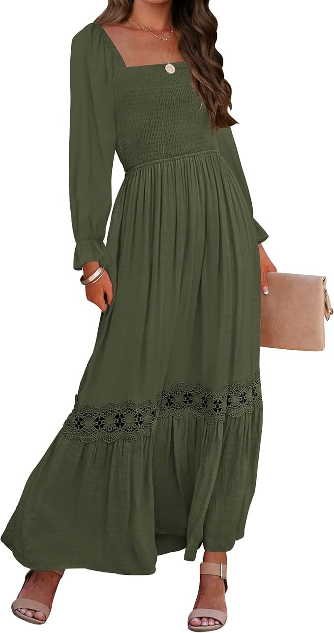 ZESICA Women's 2023 Boho Long Sleeve Square Neck Smocked High Waist Flowy A Line Lace Trim Maxi D... | Amazon (US)