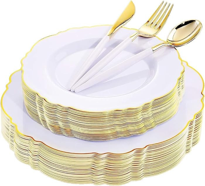 WDF 30Guest Gold Plastic Plates - High-end Baroque Design - 10.25&7.5in Wedding White and Gold Pl... | Amazon (US)