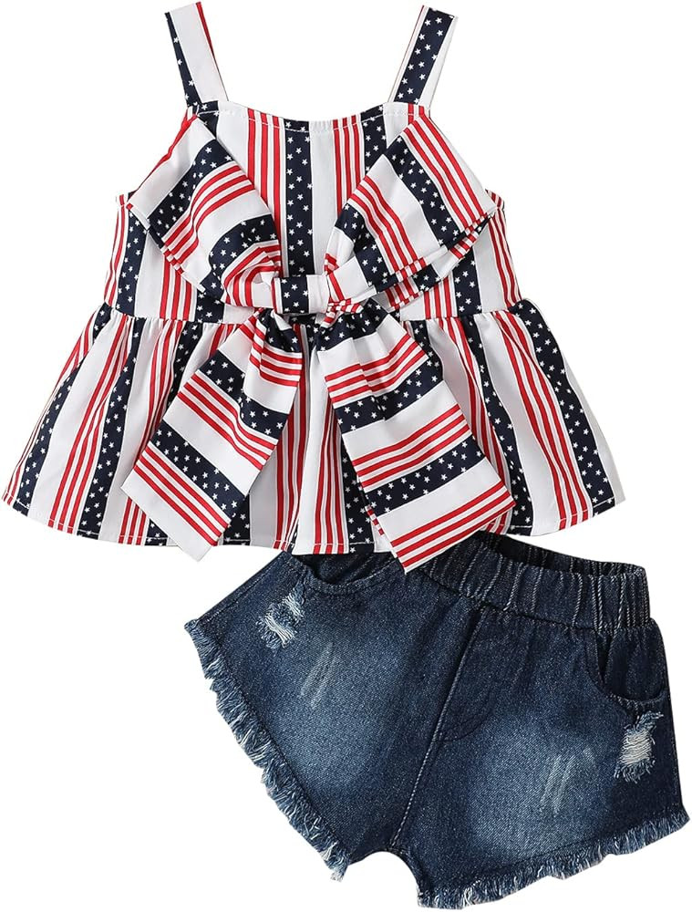 Noubeau 4th of July Toddler Girl Outfit American flag Halter Top Girls Ripped Jeans Denim Shorts ... | Amazon (US)
